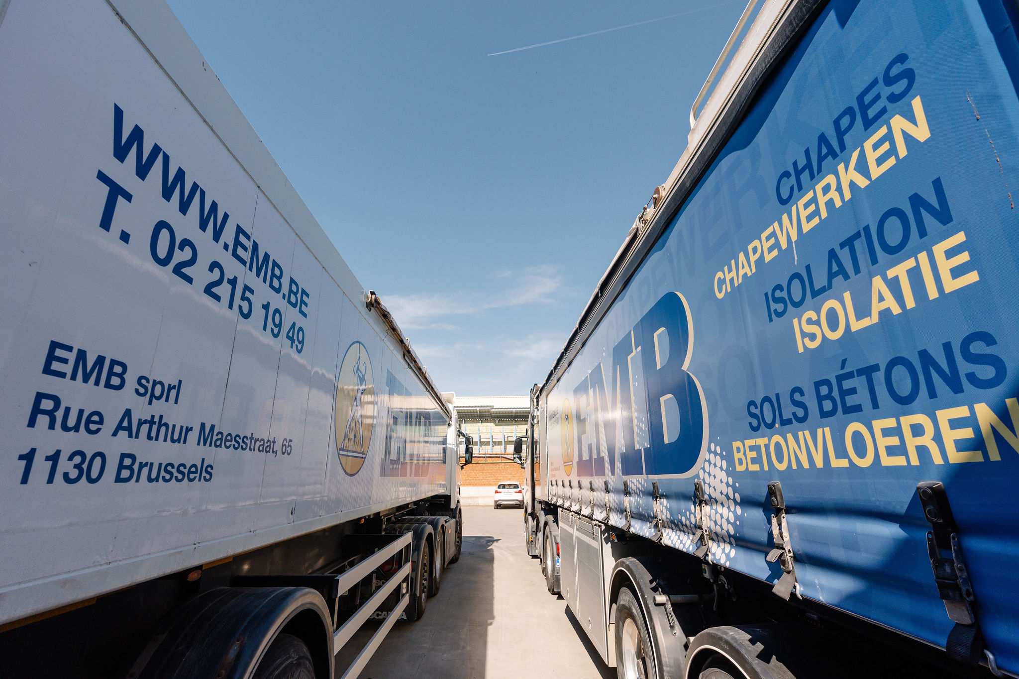 EMB truck parked in the company yard in Brussels for screed, insulation, and concrete flooring works