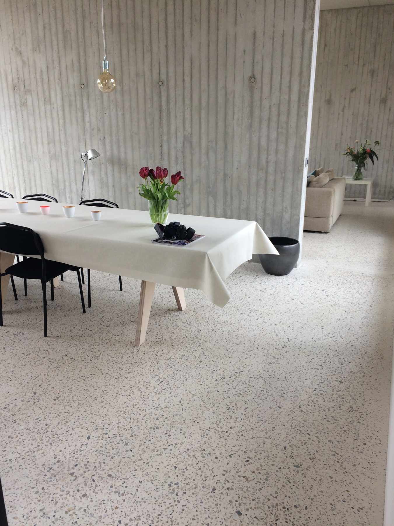 Sol en terrazzo poli dans une salle à manger de maison contemporaine