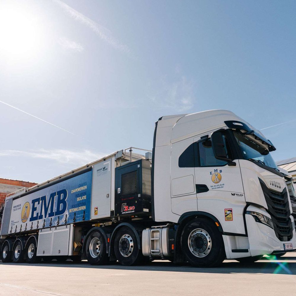 EMB truck in the company courtyard in Brussels for deliveries related to screeds and concrete floors