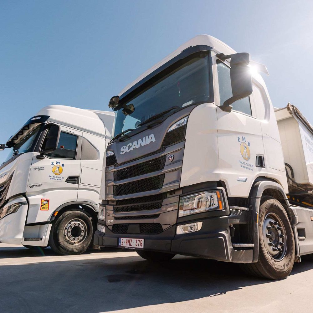 EMB truck fleet in the company yard in Brussels for screeds and concrete floors.